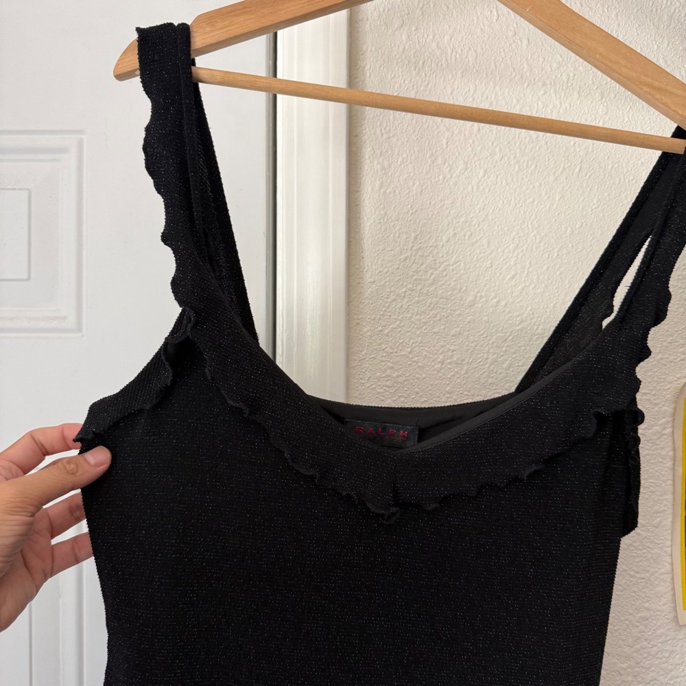 RALPH LAUREN black glitter metallic ruffle sleeveless cropped square tank top - Picture 2 of 5